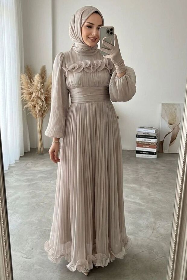 Beige Hijab Evening Dress with Ruffle Detail 48231Bej