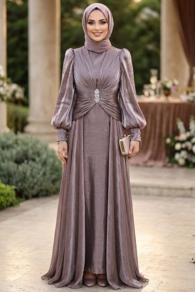 Stone Buckle Draped Dark Lilac Hijab Evening Dress 5705Klila
