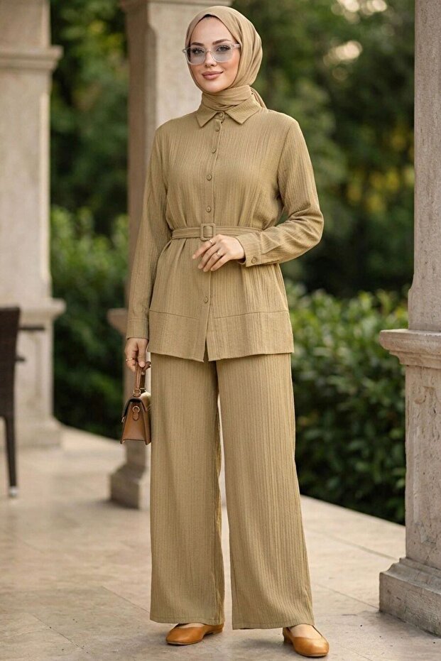 Buttoned Light Khaki Hijab Double Set 20374Ahk