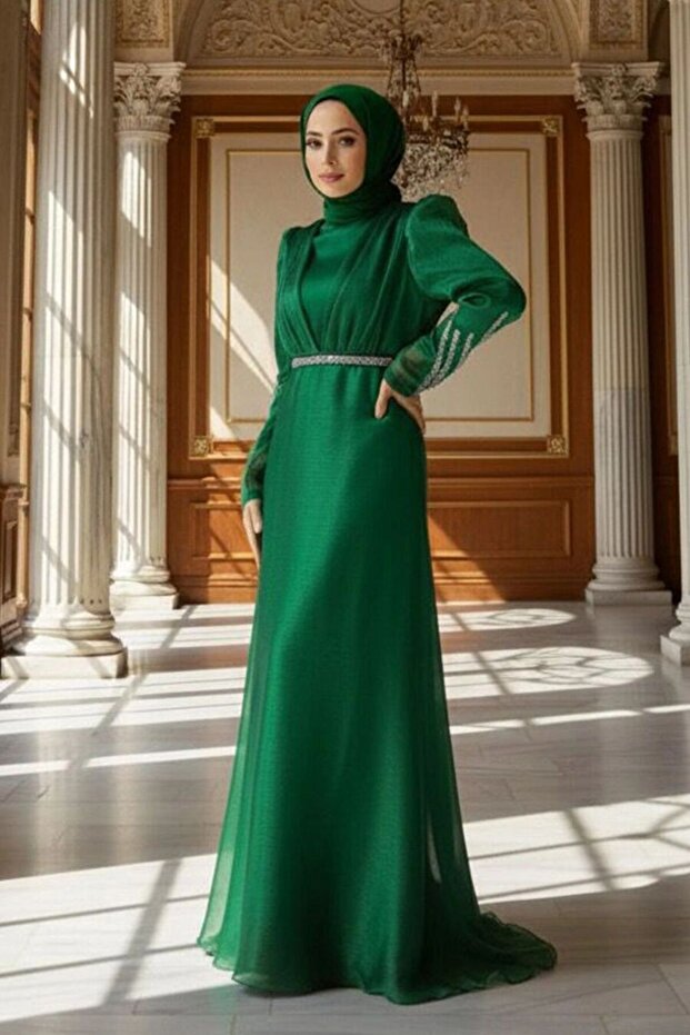 Beaded Green Hijab Evening Dress 25854Y