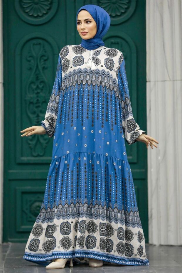 Patterned Indigo Blue Hijab Dress 50005Im