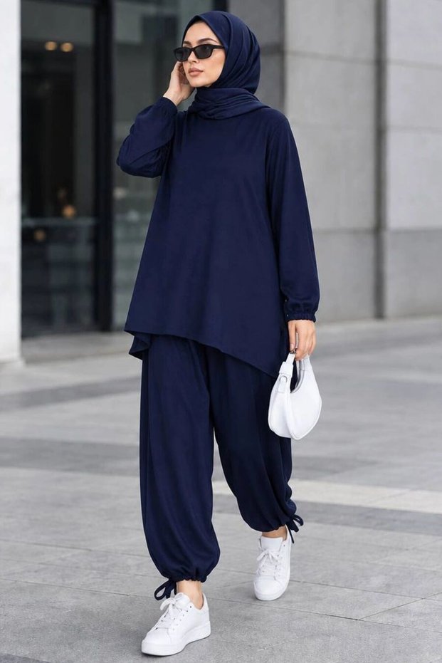 Lace Detailed Straight Cut Oysho Navy Blue Hijab Pants Set 10605L
