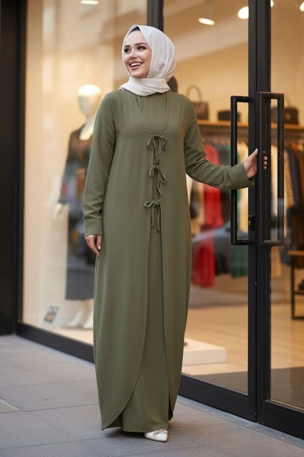 Dress Khaki Hijab Double Set 76091Hk