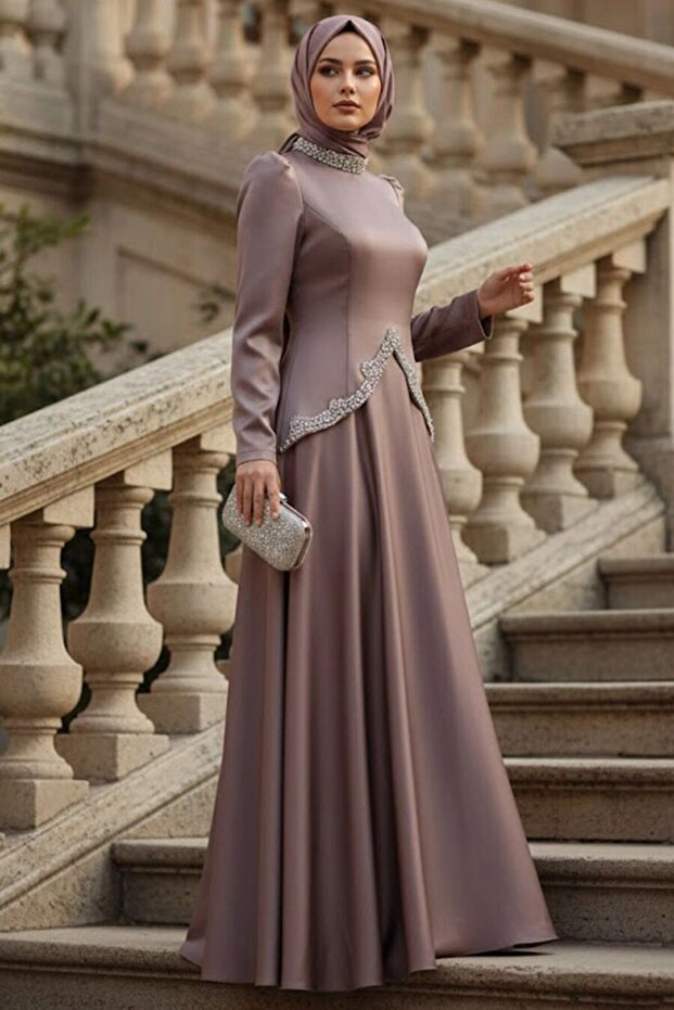 Satin Dark Taupe Modest Evening Dress 5459KV