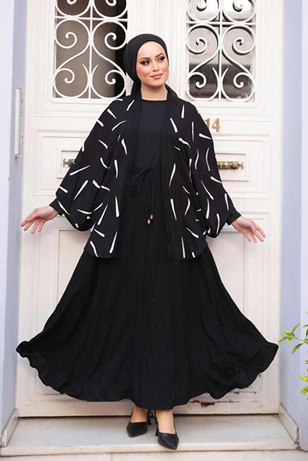 Patterned Black Hijab Double Kimono Set 12892S