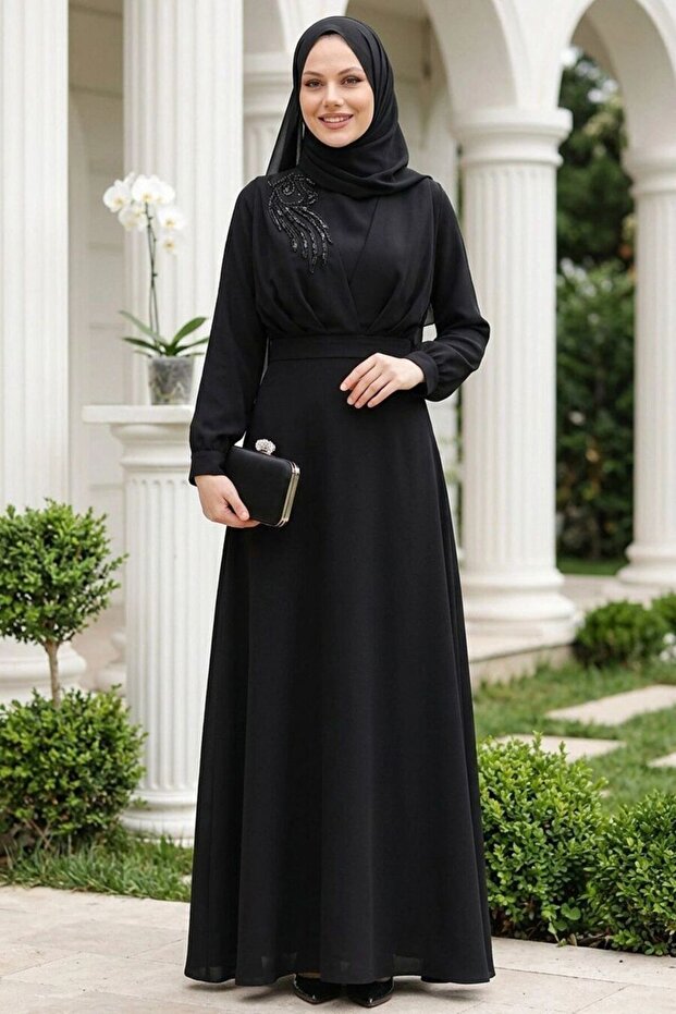 Lace Detailed Black Hijab Evening Dress 3305S