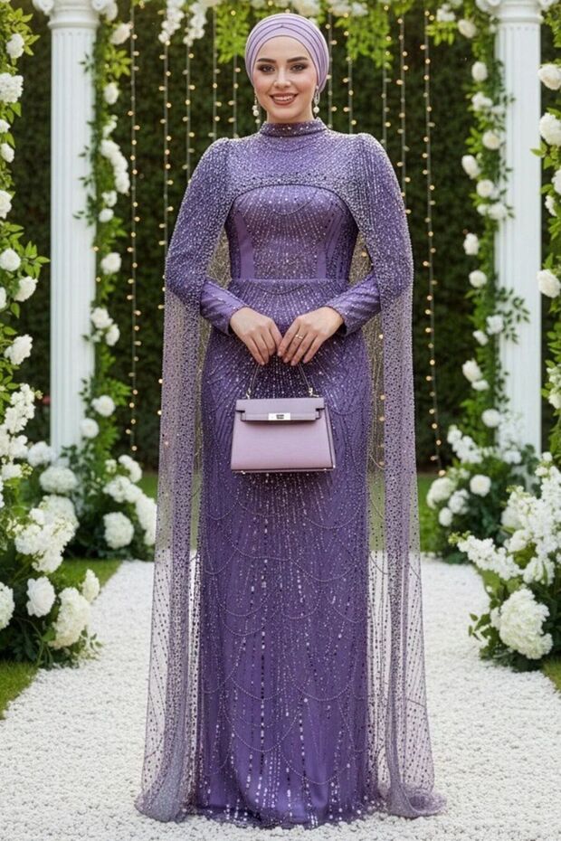 Cape Detailed Beaded Lilac Hijab Evening Dress 51841Lila
