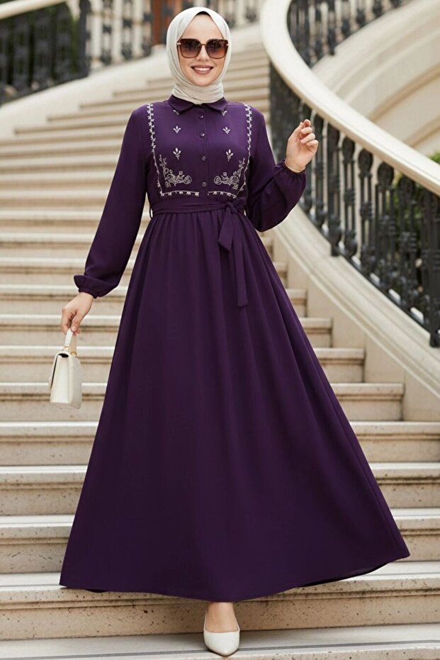 Purple Hijab Dress with Pattern Detail 10304Mor