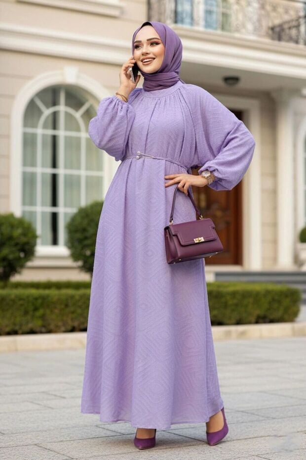 فستان ليلى مزين بنقوش 14291LILA