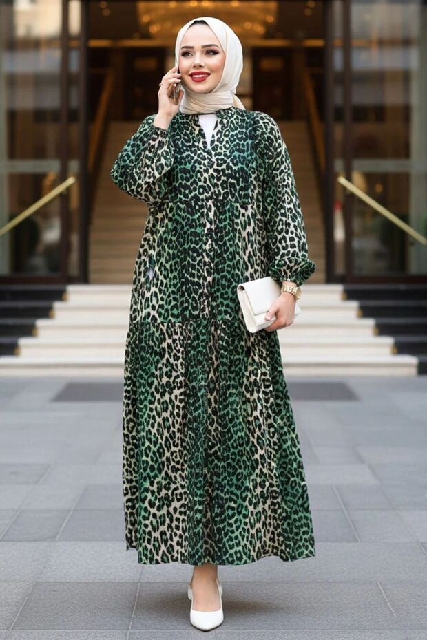 Leopard Patterned Green Hijab Dress 52942Y