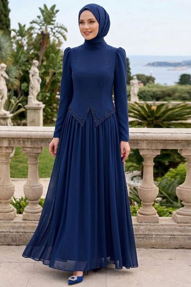 Adriana Dark Indigo Blue Stone Detailed Hijab Evening Dress 21592Kim