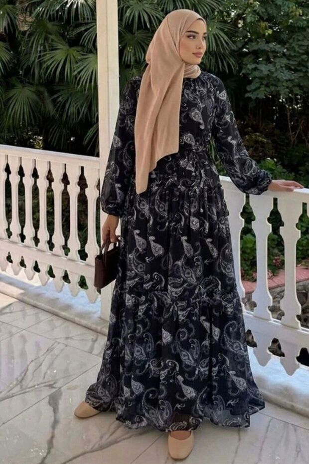 Shawl Patterned Black Hijab Dress with Tie at the Waist 24761S