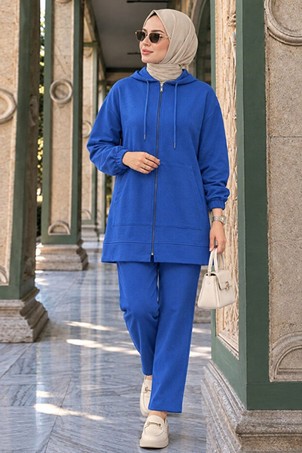Zippered Sax Blue Hijab Double Set 10400SX