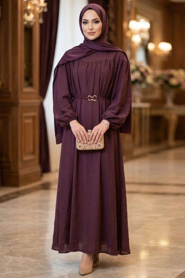 Belt Detailed Gathered Collar Plum Hijab Dress 5325Mu