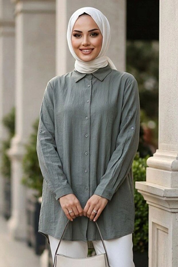 Buttoned Front Green Strawberry Fabric Hijab Tunic 11025Cy