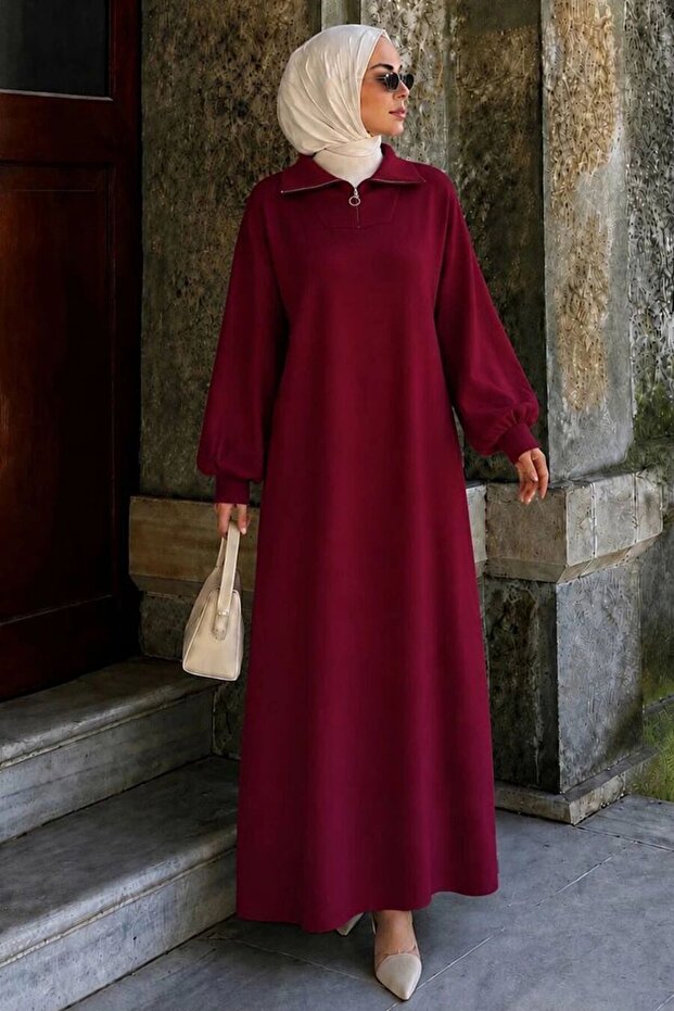 Zipper Collar Plain Cherry Hijab Knitwear Dress 30071Vsn