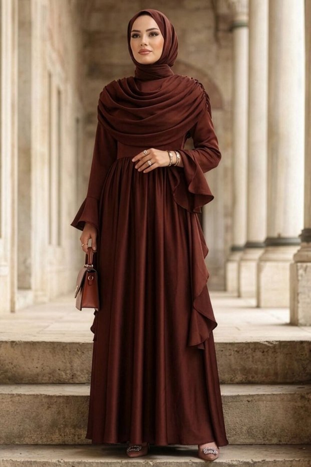 Satin Brown Hijab Evening Dress 55461Kh