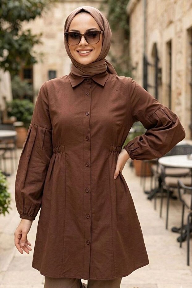 Buttoned Brown Hijab Tunic 20377Kh
