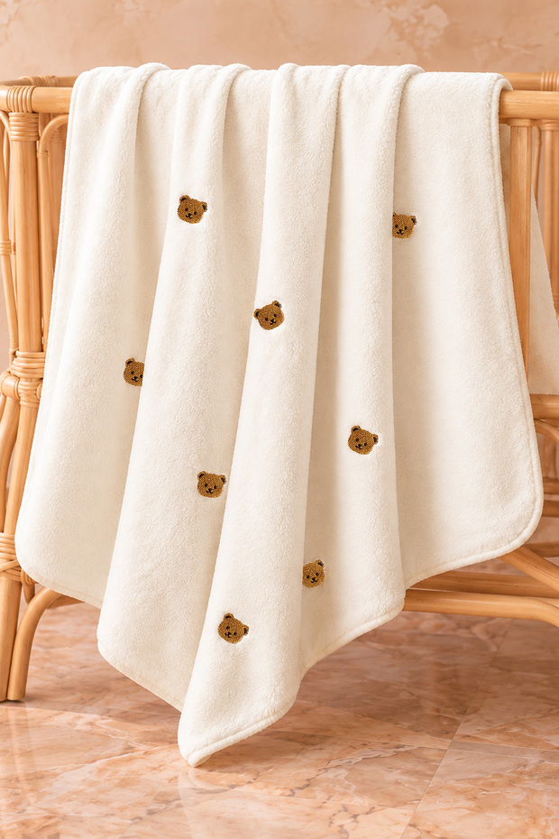 Welsoft Baby Blanket - Soft Textured, 90X100 Cm, Teddy Bear Embroidered