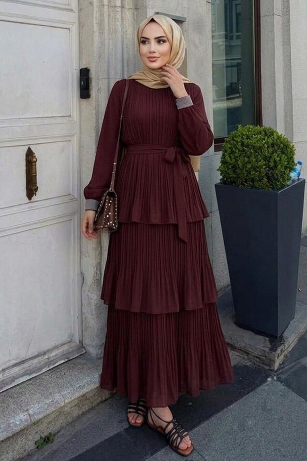 Stone Collar Belt Detailed Dark Brown Hijab Evening Dress 5719Kkh