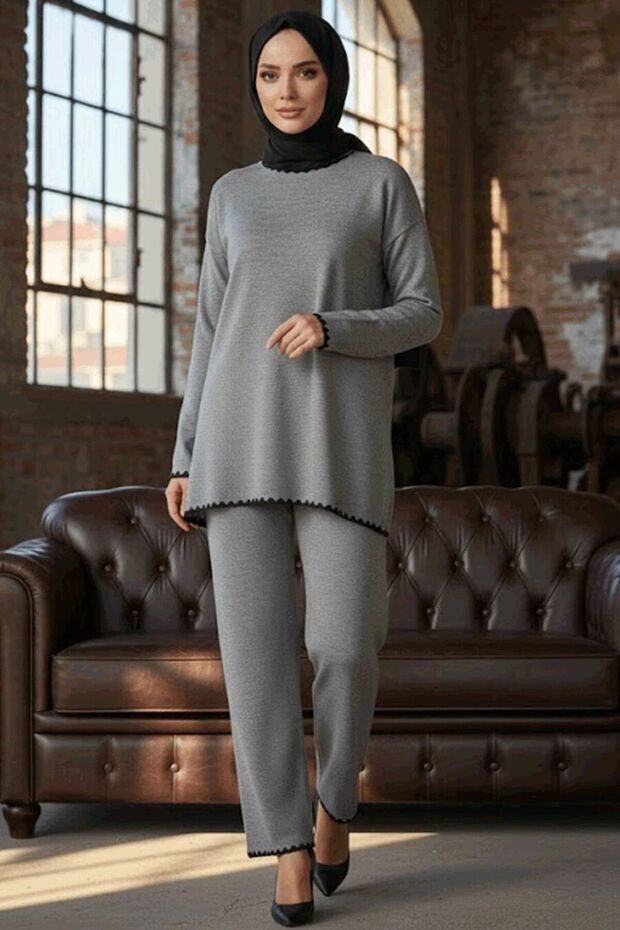 Gray Hijab Knitwear Double Set 50174Gr