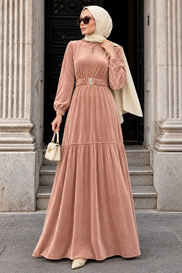 Belted Powder Hijab Velvet Dress 36971Pd