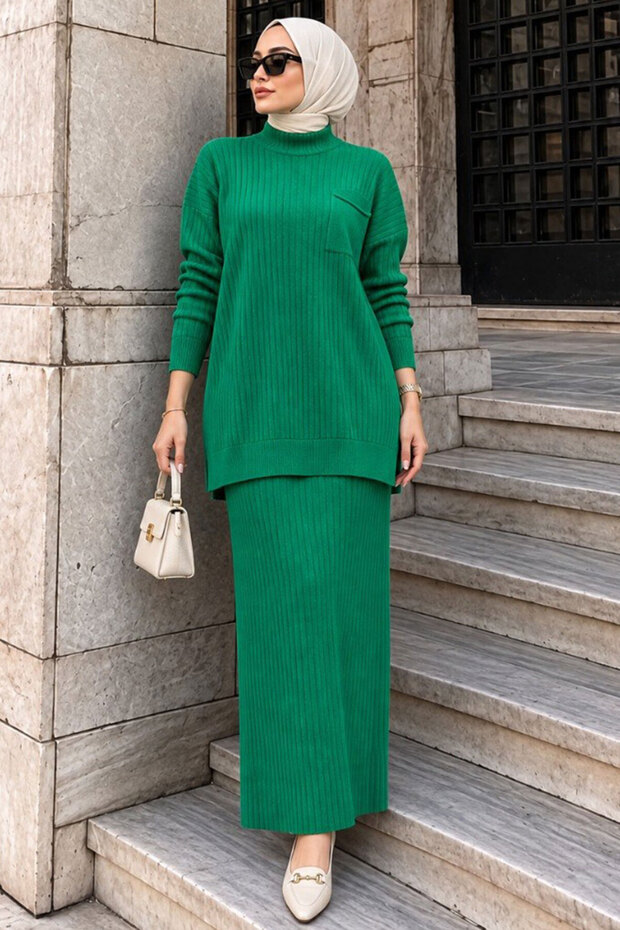 Skirted Green Hijab Knitwear Double Set 34021Y