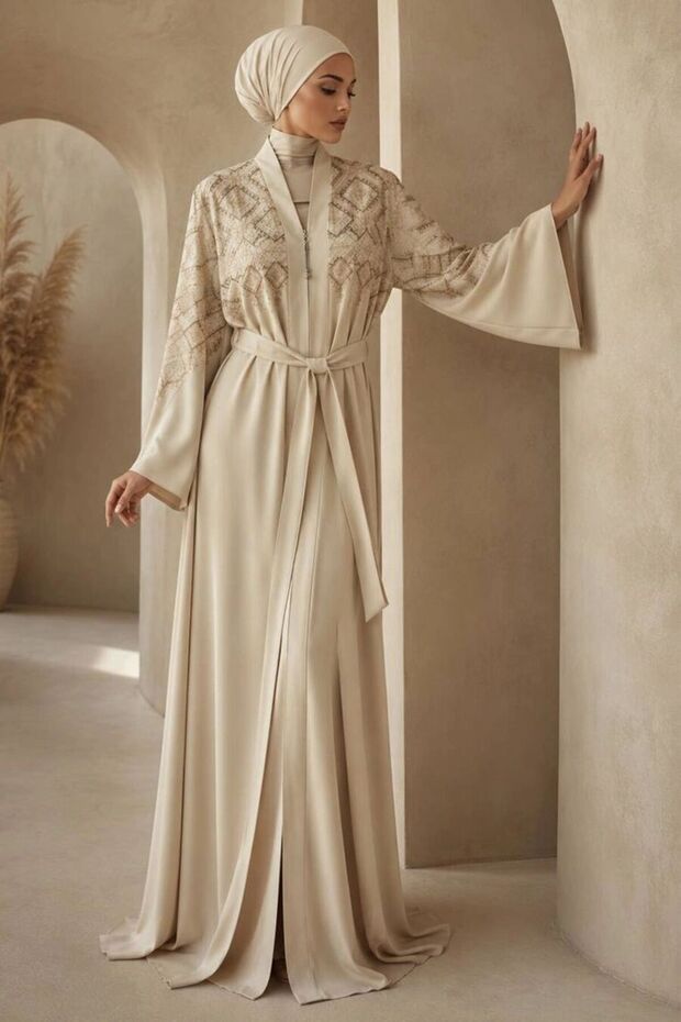 Symmetrical Embroidery Detailed Belted Beige Hijab Robe 29143Bej