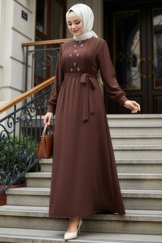 Belted Brown Hijab Dress 10309Kh