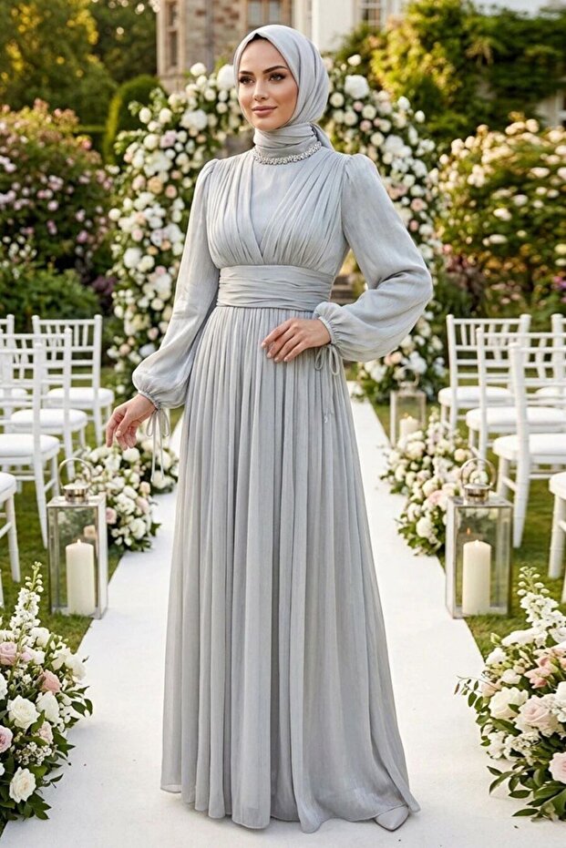Stone Collar Draped Mint Hijab Evening Dress 4952Mint