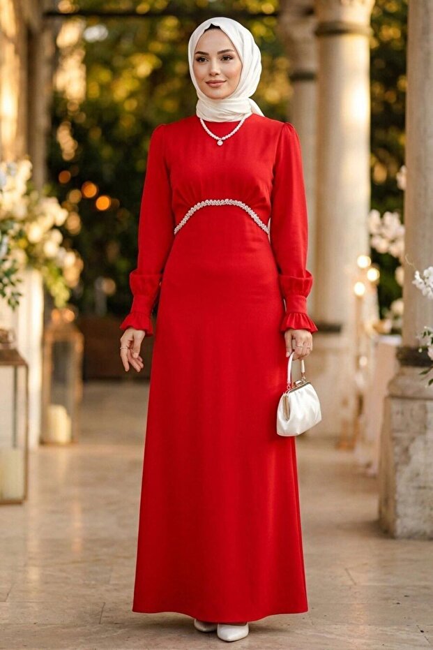 Beaded Detailed Red Hijab Satin Evening Dress 62471K