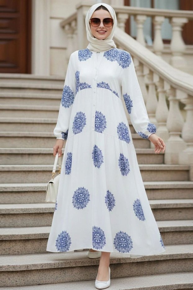 Patterned Indigo Blue Hijab Dress 24016Im