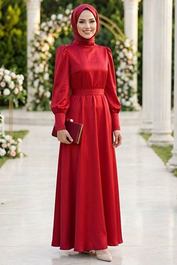 Satin Red Hijab Evening Dress 23242K