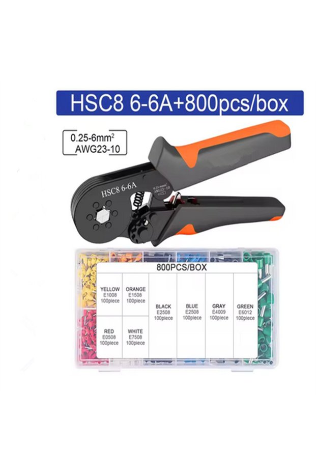 HSC8 6-6A 800PCs Hexagonal Self-Adjustable Ratchet Ferrule Crimping Tool Kit 23-10AWG 0.25-6mm² Crim