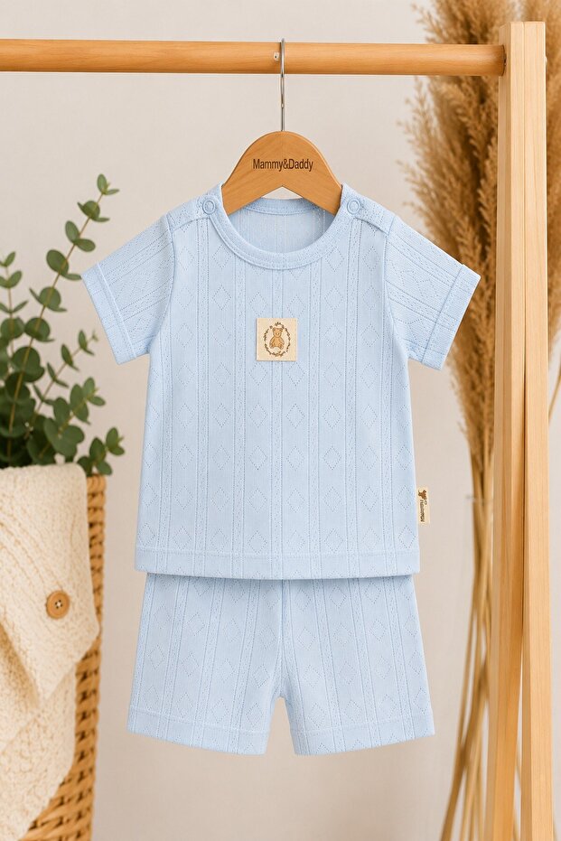 Unisex 2-piece baby set with openwork short sleeves and shorts, bottom and top 0-3-6-9-12 months 100% cotton