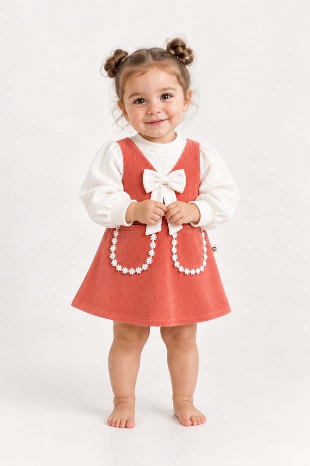 Baby girl velvet dress with tulle sleeves, bow and floral detail - stylish dress for 6-9-12-18-24 months