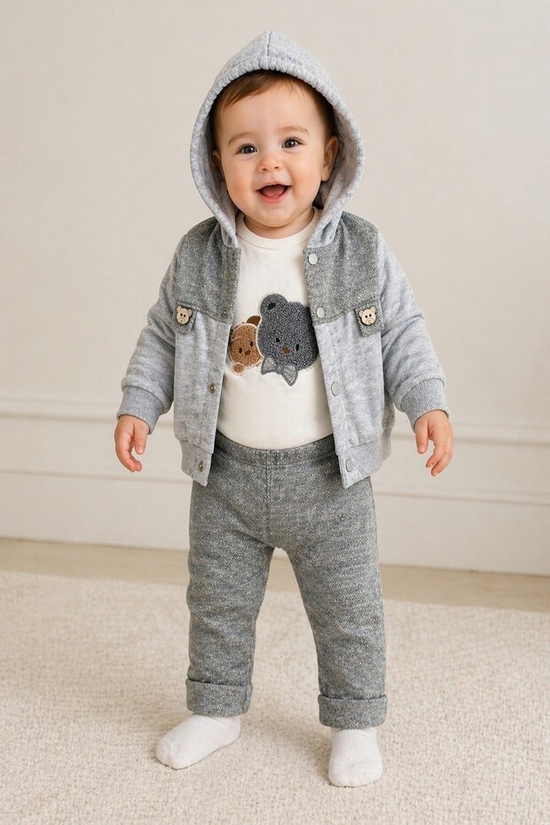 Baby Boy 3-Piece Set with Jacket, Teddy Bear Embroidery, Transitional Hooded 3-Piece Bodysuit, 0-3-6-9 Months Old