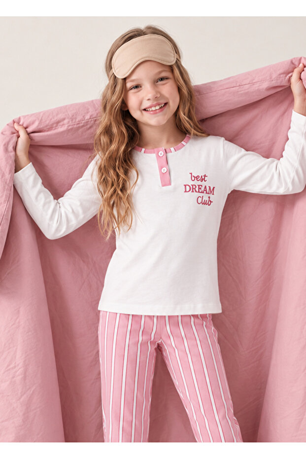 Girl's Long Sleeve Button Detailed 100% Cotton Pajama Set Best Dream