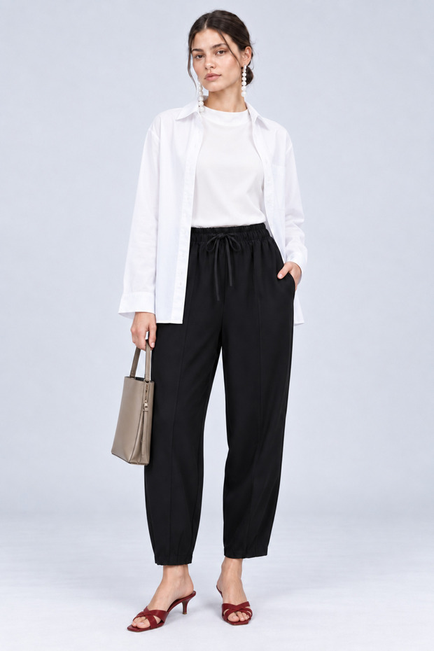 Women's Premium Viscolin Woven Elastic Waist Lace-Up Pencil Leg Comfortable Fit Carrot Pants