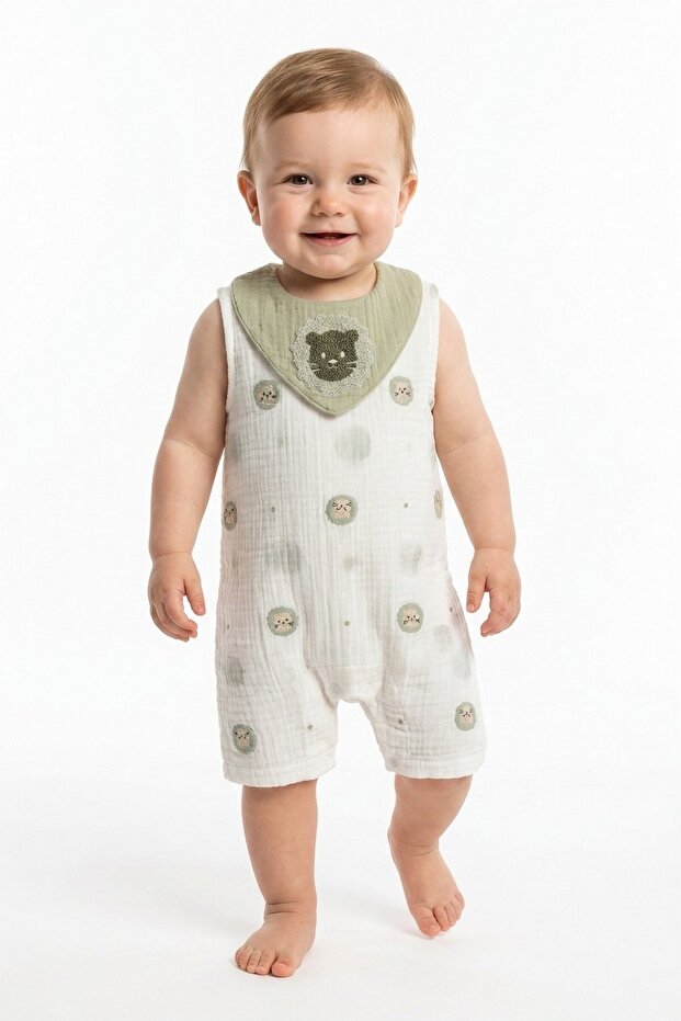 Baby boy muslin romper summer strappy cotton lion embroidered patterned 0-3-6-9-12 months