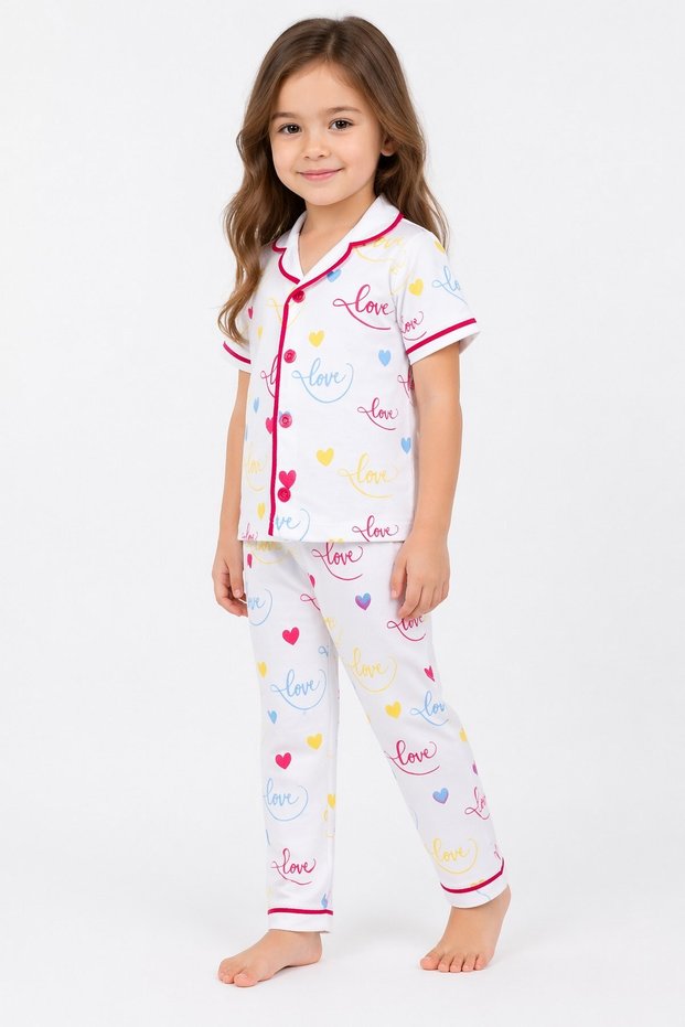 Girl/Baby Love Patterned Short Sleeve Pajama Set Summer 100% Cotton 2-Piece Top and Bottom Set 6-24 Months