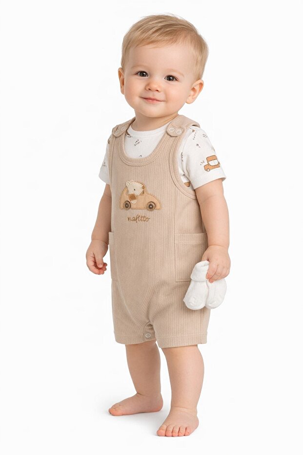 Baby Boy Car Embroidered Salopet Jumpsuit Set 3-Piece Set (Snap-On Bottom Bodysuit + Jumpsuit + Socks) 3-6-9