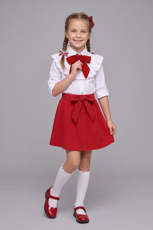 Girl's Red Scarf Polka Dot Ruffle Collar White Long Sleeve Shirt Red Bow Beaded Skirt April 23 October 29 Show Outfit