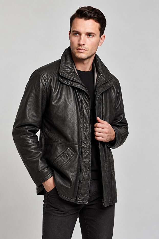 Mark Black Buttoned Zippered Genuine Leather Men's Coat