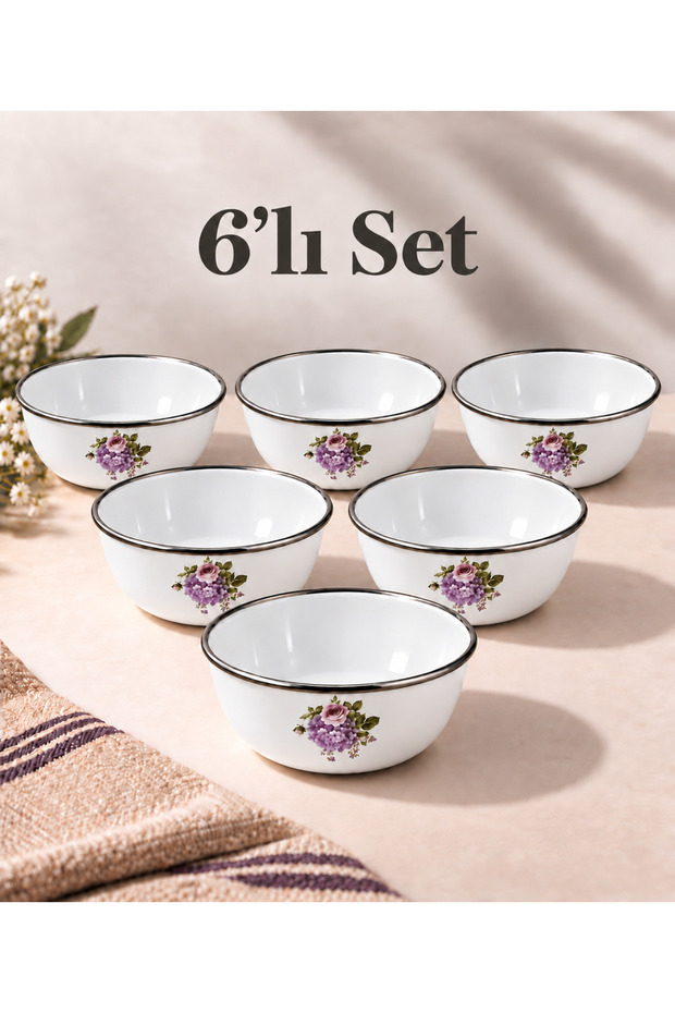 Enamel Soup Bowl Breakfast Bowl Cookie Bowl Storage Bowl 14 cm 6 Pieces Purple & Pink Rose