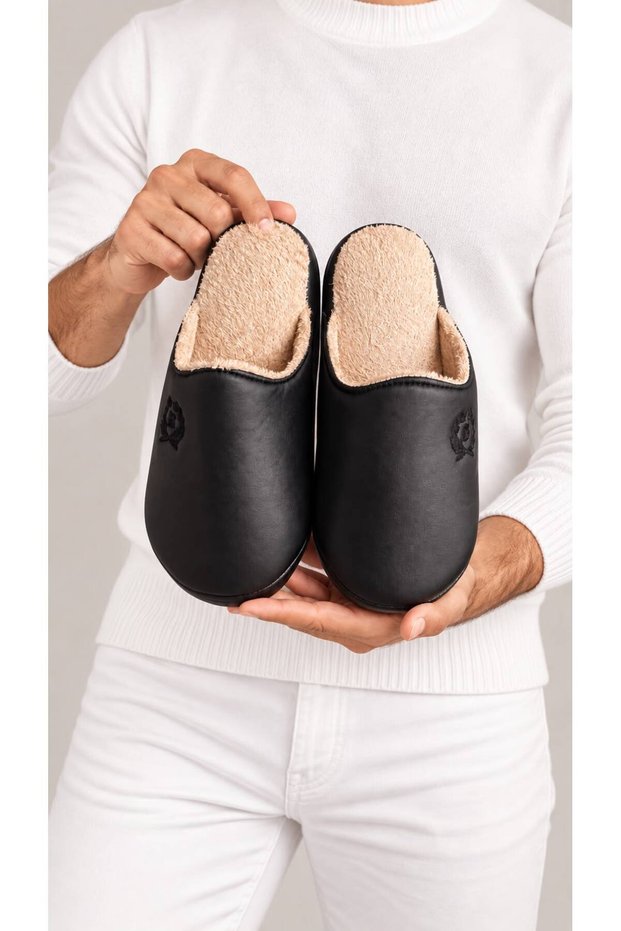 Men's House Slippers Black Leather Fur Lined Plush Warm Sole Winter Comfortable Slippers Dowry Slippers