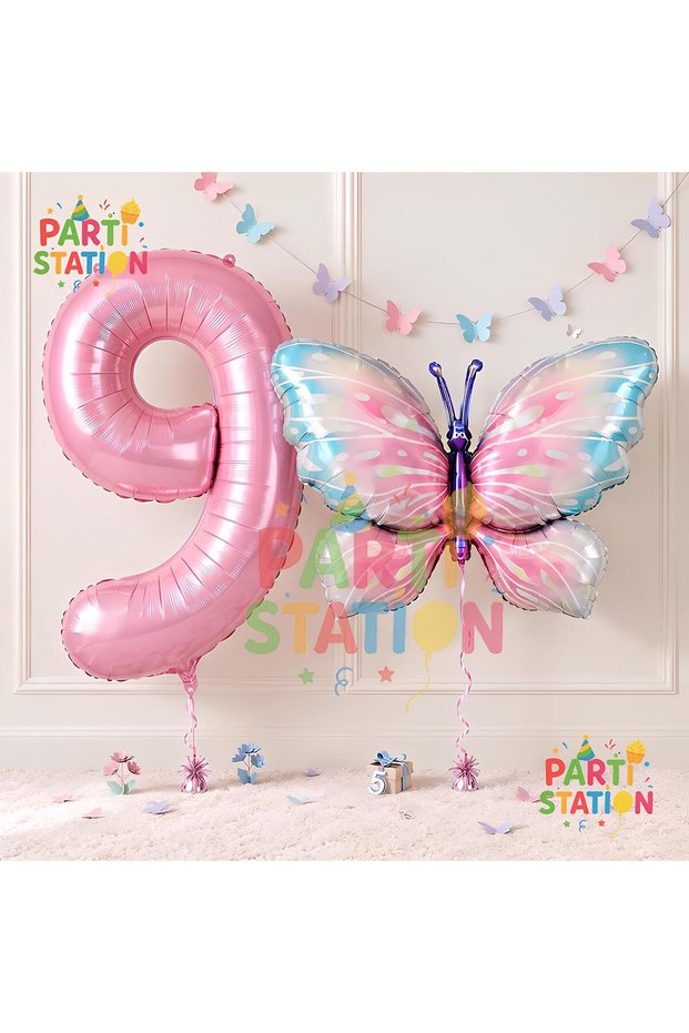 Pink Butterfly and Pink Number Balloon 9 Years Old Balloon Set Butterfly Concept Birthday Foil Balloon Set