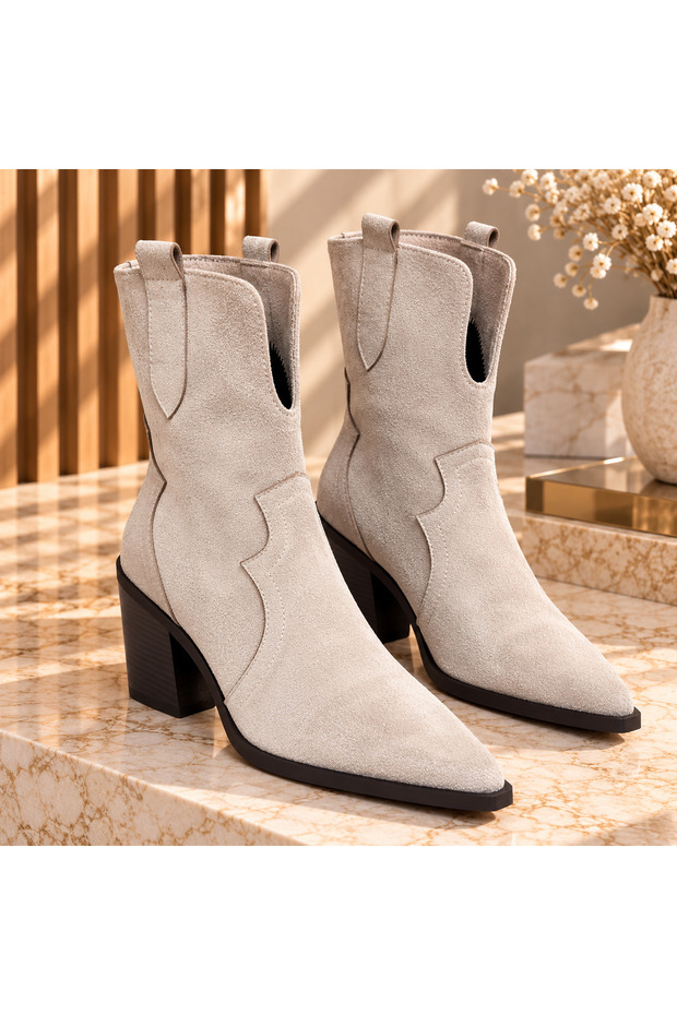 Women's Beige Suede Western Cowboy Ankle Short Boots