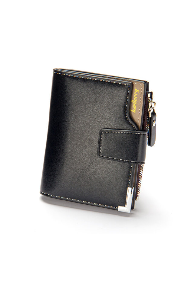 black Multifunctional Men's Short Wallet with Zippered Coin Pocket on the Side, Trendy Men's Accesso