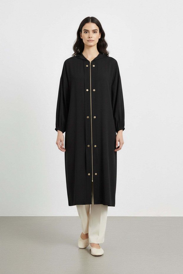 Hooded Zippered Long Women's Coat-15251 Black
